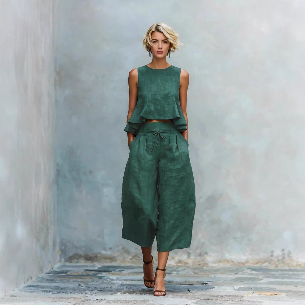 Women’s Linen-Blend Sleeveless Two Piece Set with Ruffled Detailing