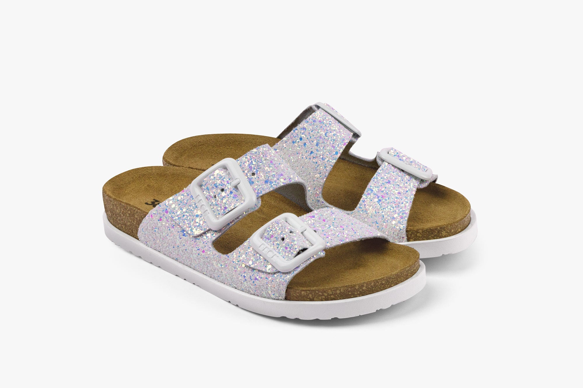 Siena II Women's Leather Sandal - Glitter Double Buckle Slip-on with Cushioned Footbed