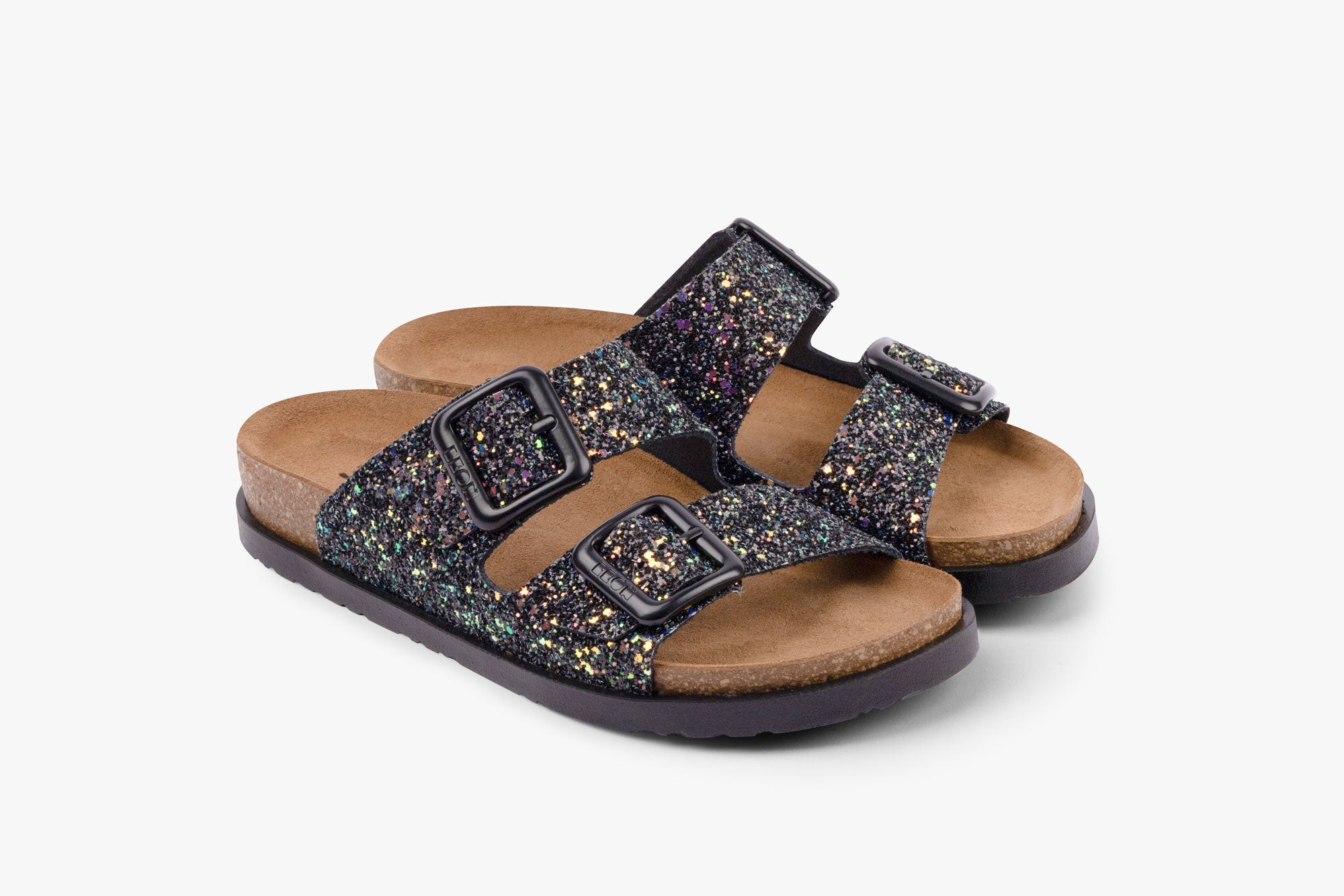 Siena II Women's Leather Sandal - Glitter Double Buckle Slip-on with Cushioned Footbed