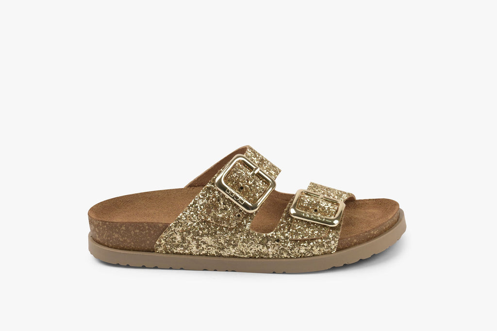 Siena II Women's Leather Sandal - Glitter Double Buckle Slip-on with Cushioned Footbed