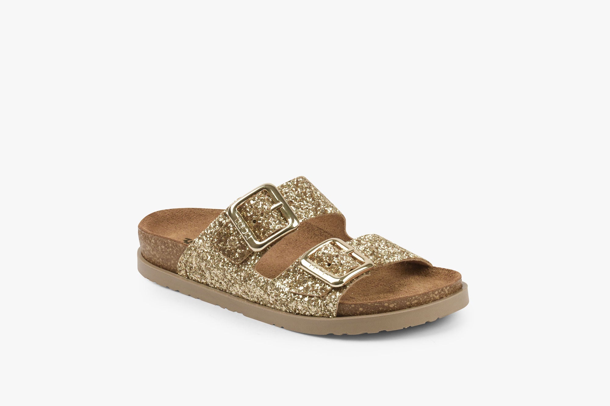 Siena II Women's Leather Sandal - Glitter Double Buckle Slip-on with Cushioned Footbed