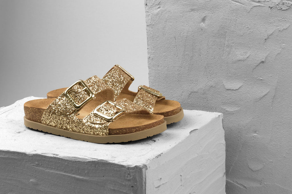 Siena II Women's Leather Sandal - Glitter Double Buckle Slip-on with Cushioned Footbed