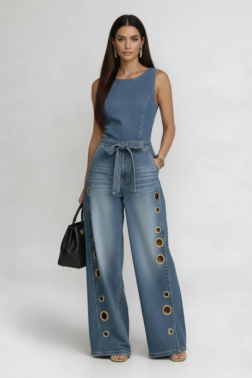 Women’s High-Waisted Sleeveless Denim Jumpsuit