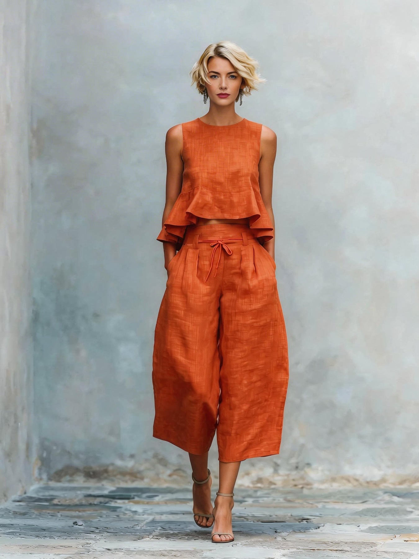 Women’s Linen-Blend Sleeveless Two Piece Set with Ruffled Detailing