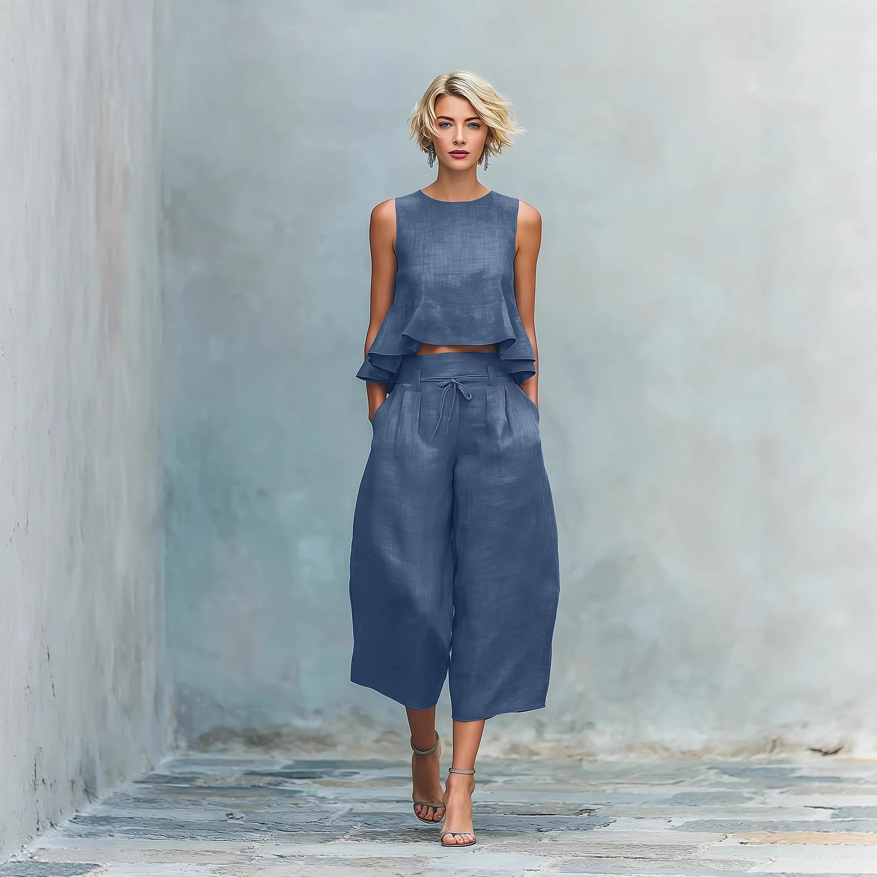 Women’s Linen-Blend Sleeveless Two Piece Set with Ruffled Detailing