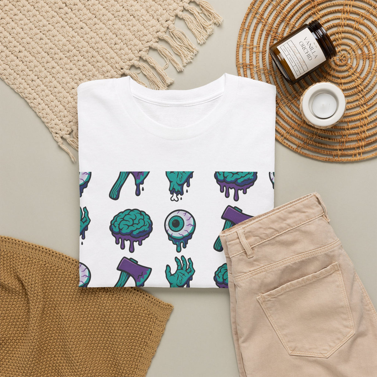 Horror Icons Pattern T-Shirt — Brains, Eyeballs & Axes Graphic Tee