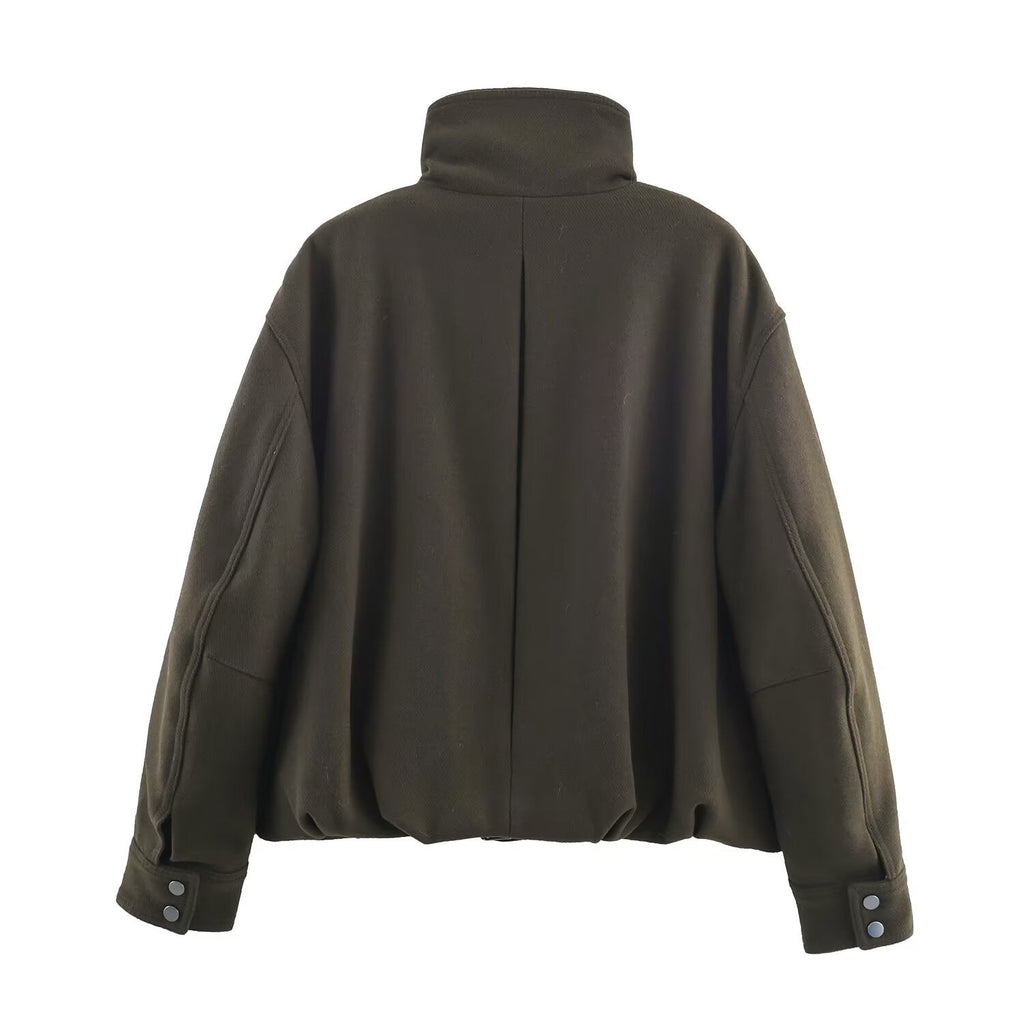 BYMANYC Women's Soho Dark Olive Belted Wool-Blend High-Collar Bomber Jacket