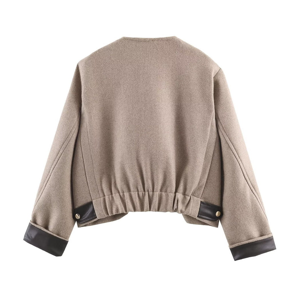 BYMANYC Women's Soho Taupe Wool-Blend Collarless Jacket with Leather Trim