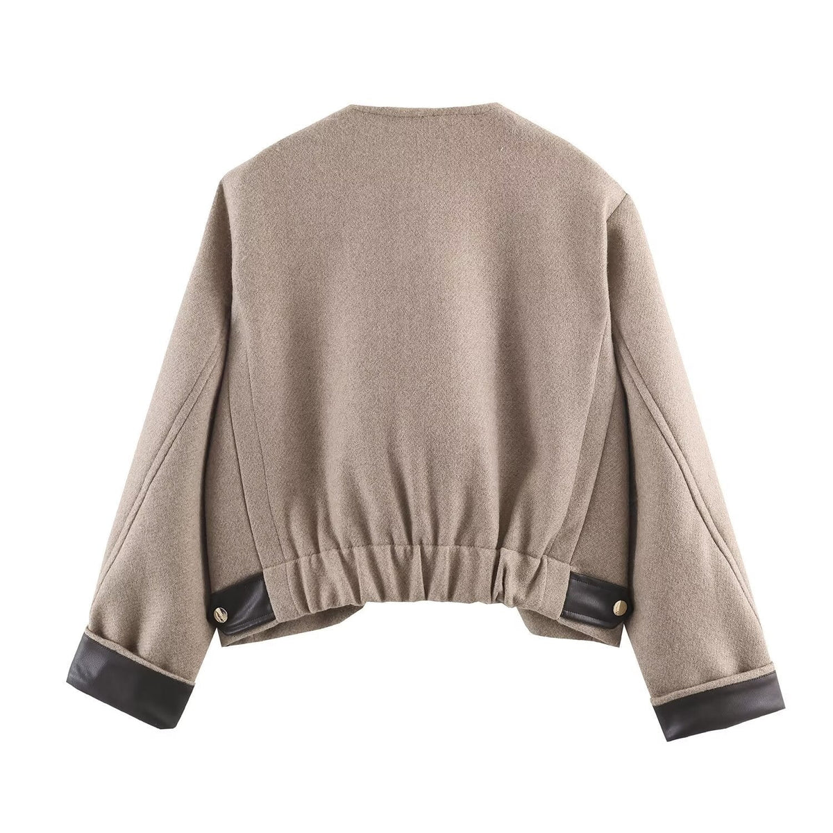 BYMANYC Women's Soho Taupe Wool-Blend Collarless Jacket with Leather Trim