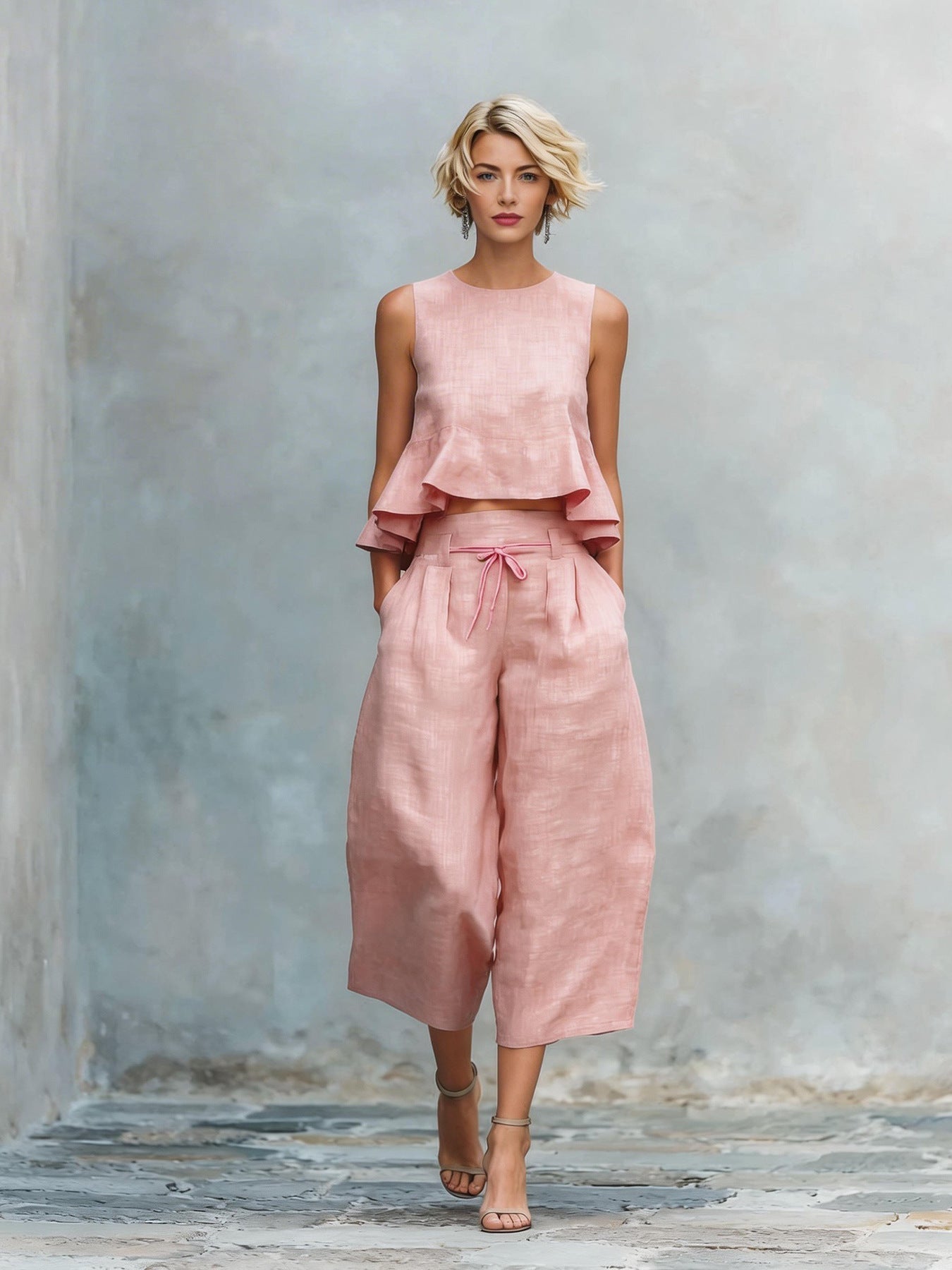 Women’s Linen-Blend Sleeveless Two Piece Set with Ruffled Detailing