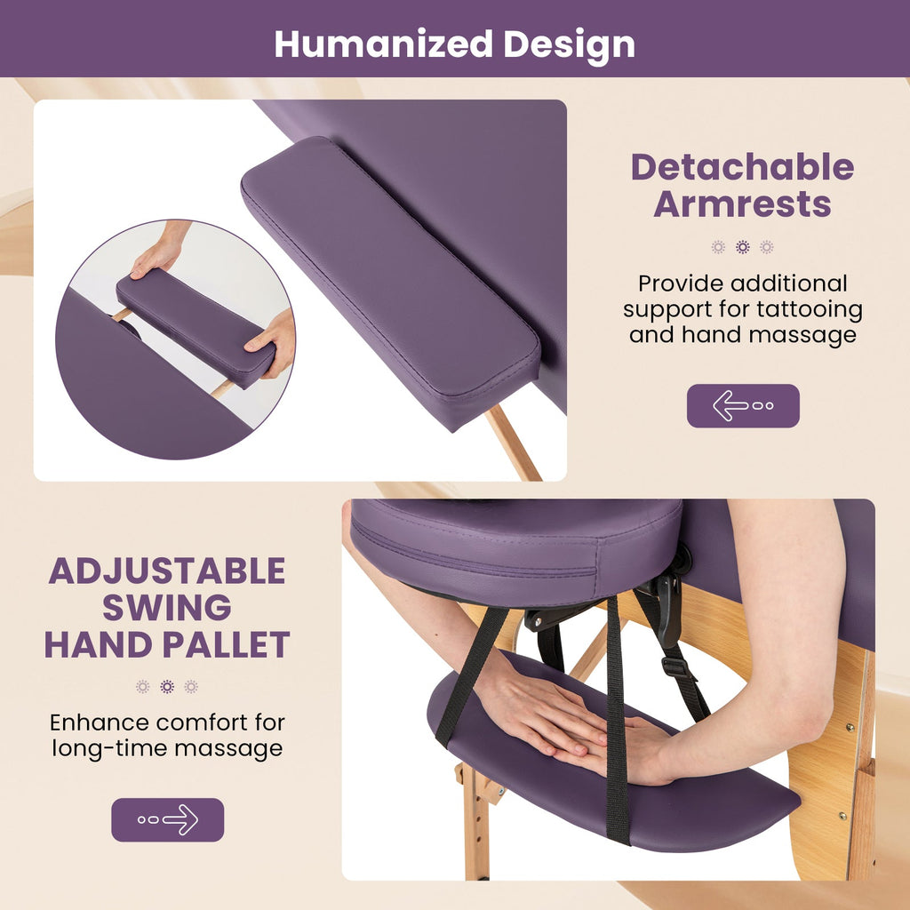 84 Inch Foldable Massage Table with Carrying Bag and Height Adjustable-Purple