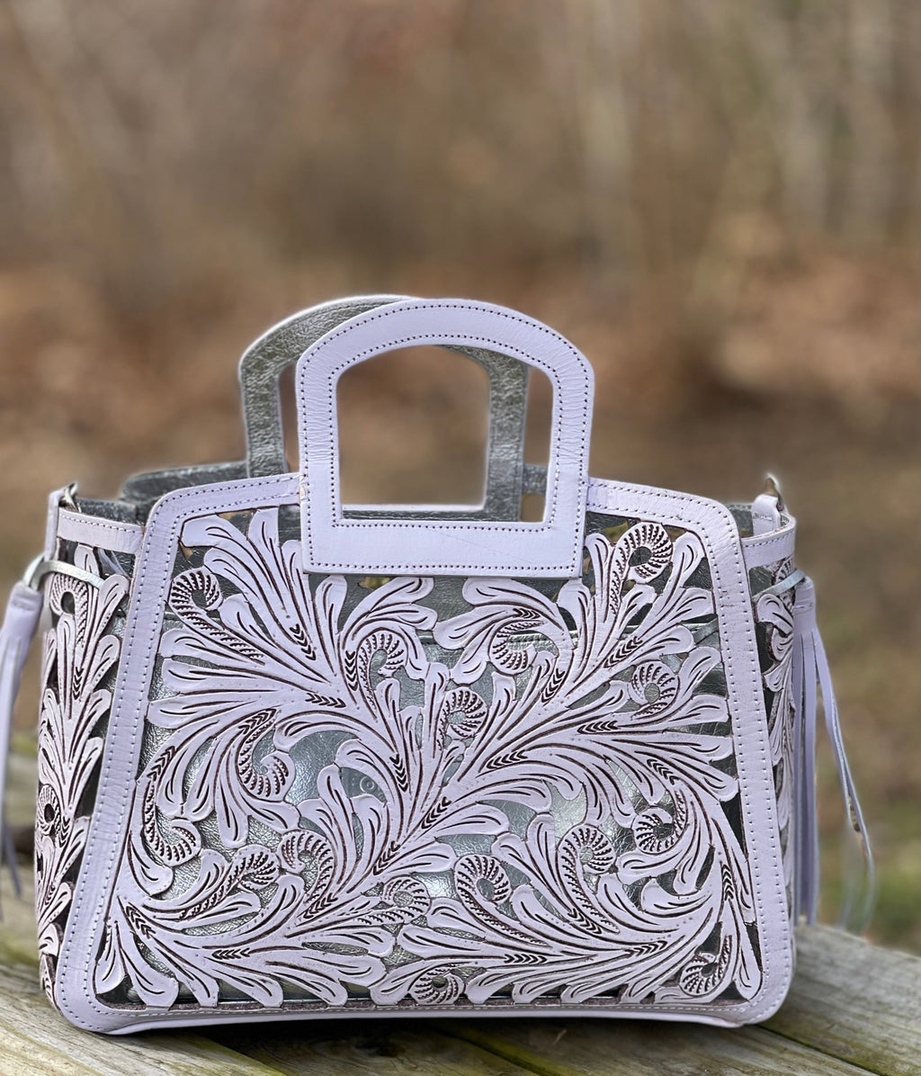 Hand Cut-Out Tooling Leather, Small Mini Tote & Crossbody "NOTA SPIKES" by ALLE