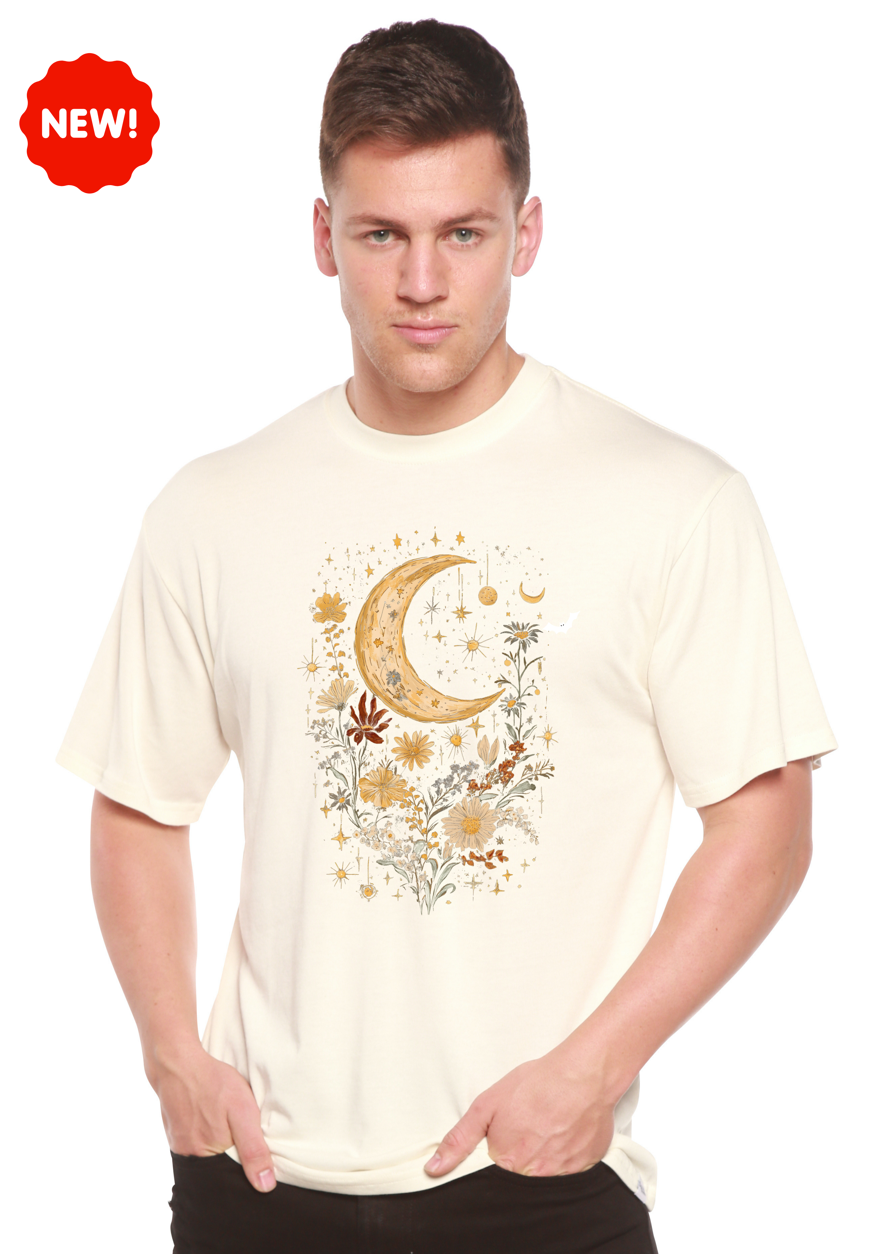 Celestial Moon Boho Flowers Vintage Unisex Bamboo/Cotton T-Shirt