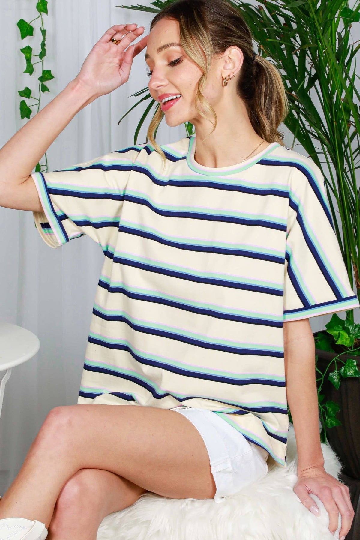 Bethany Crew Neck Roll-Up Sleeve Multi Strip Cotton Knit Top