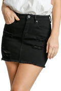 Distressed Raw Hem High Waist Denim Skirt