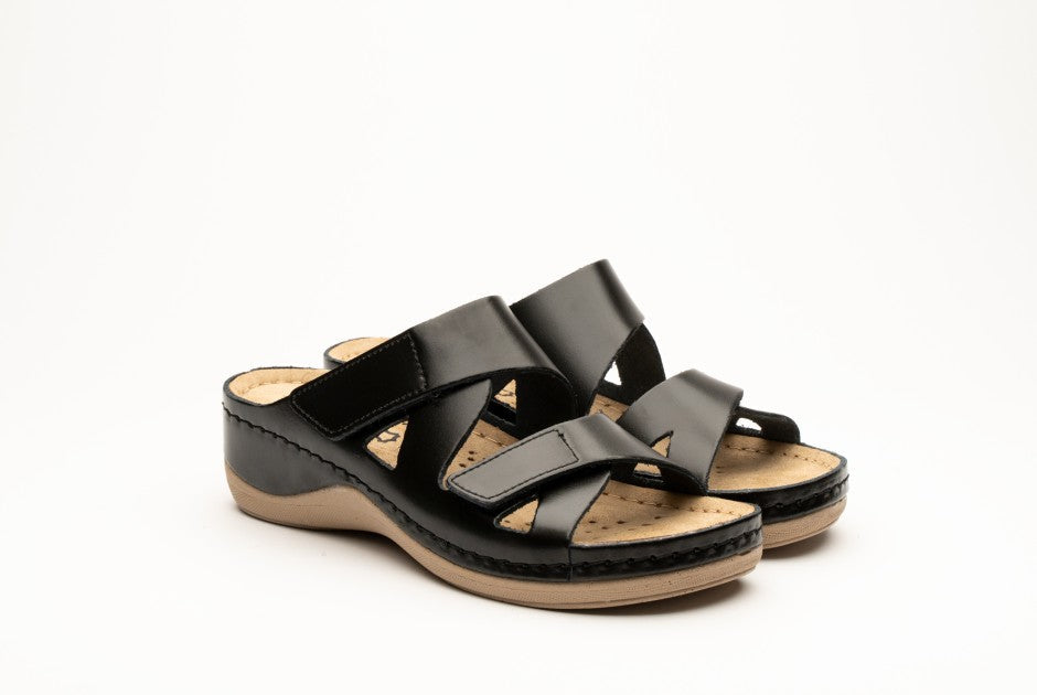 Laura Women's Leather Sandal - Comfort Slide Slip-on with Velcro Straps