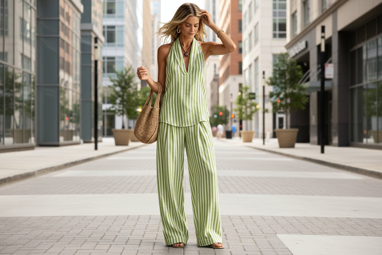 Women's Striped Sleeveless Top & Wide-Leg Pants Set – Fashionable 2-Piece