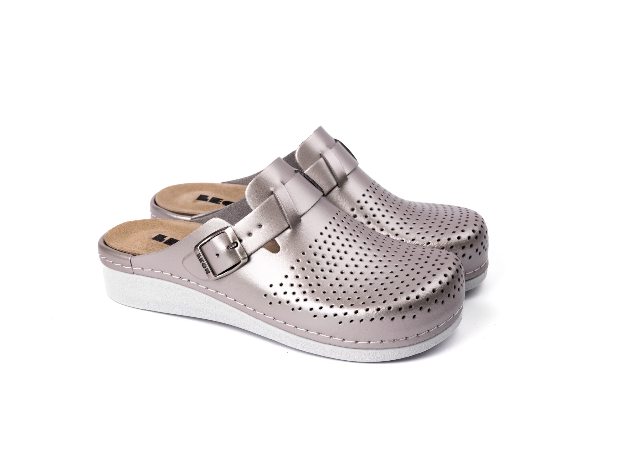Nora IV Women's Leather Clogs - Adjustable Buckle with Removable Gel-Insole
