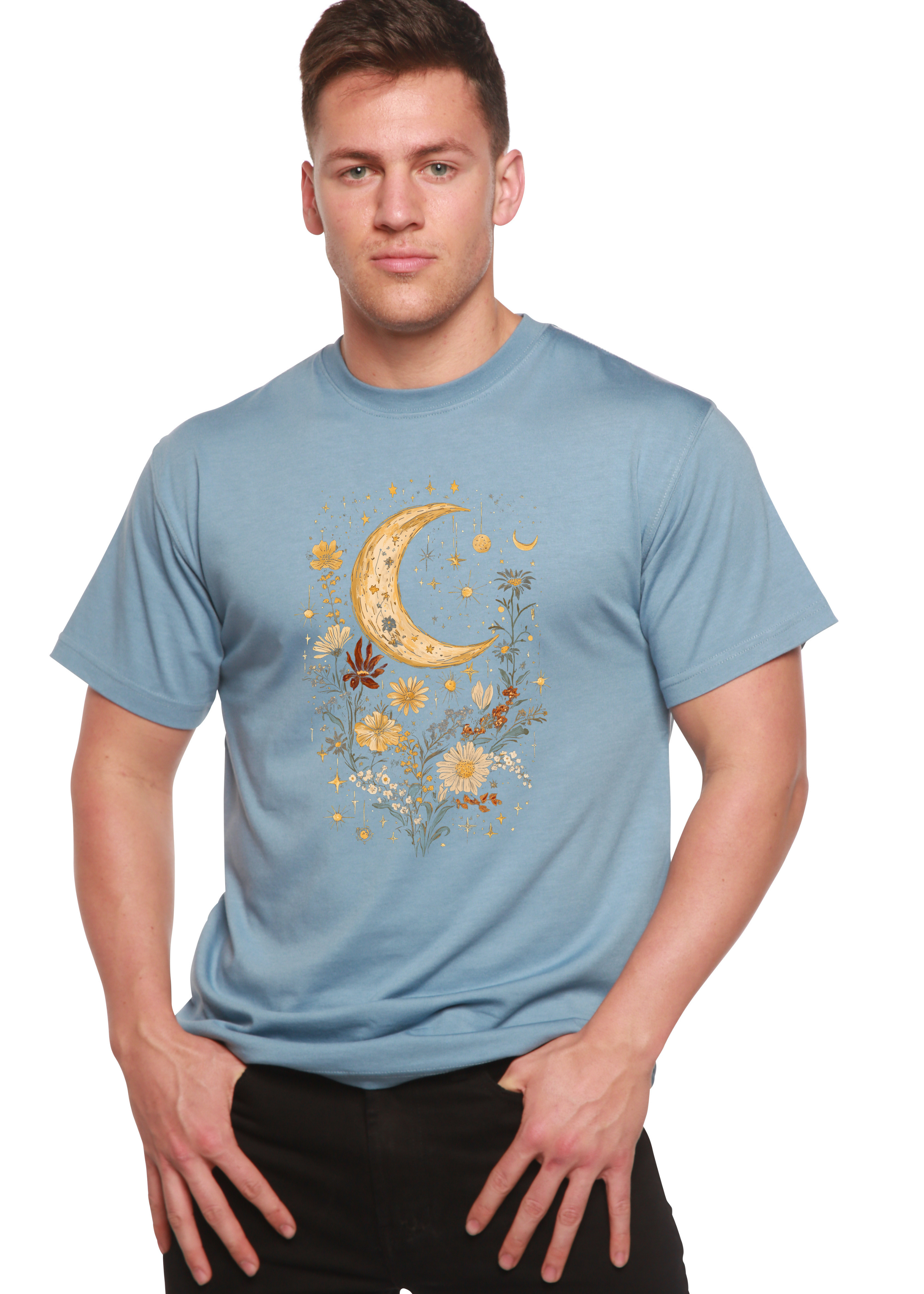 Celestial Moon Boho Flowers Vintage Unisex Bamboo/Cotton T-Shirt