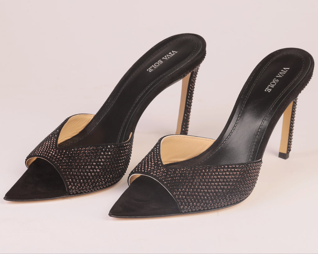Noir Allure Black Suede Rhinestone Heel Mules