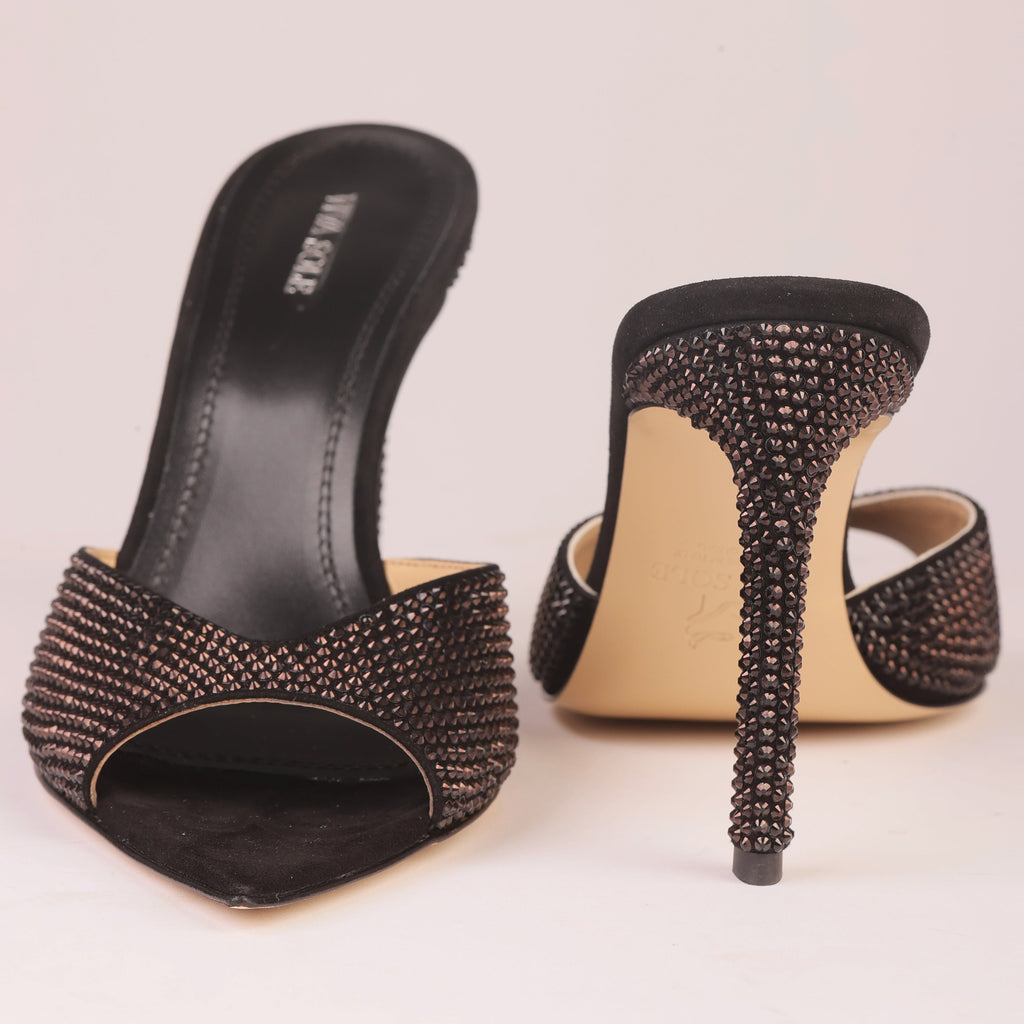 Noir Allure Black Suede Rhinestone Heel Mules