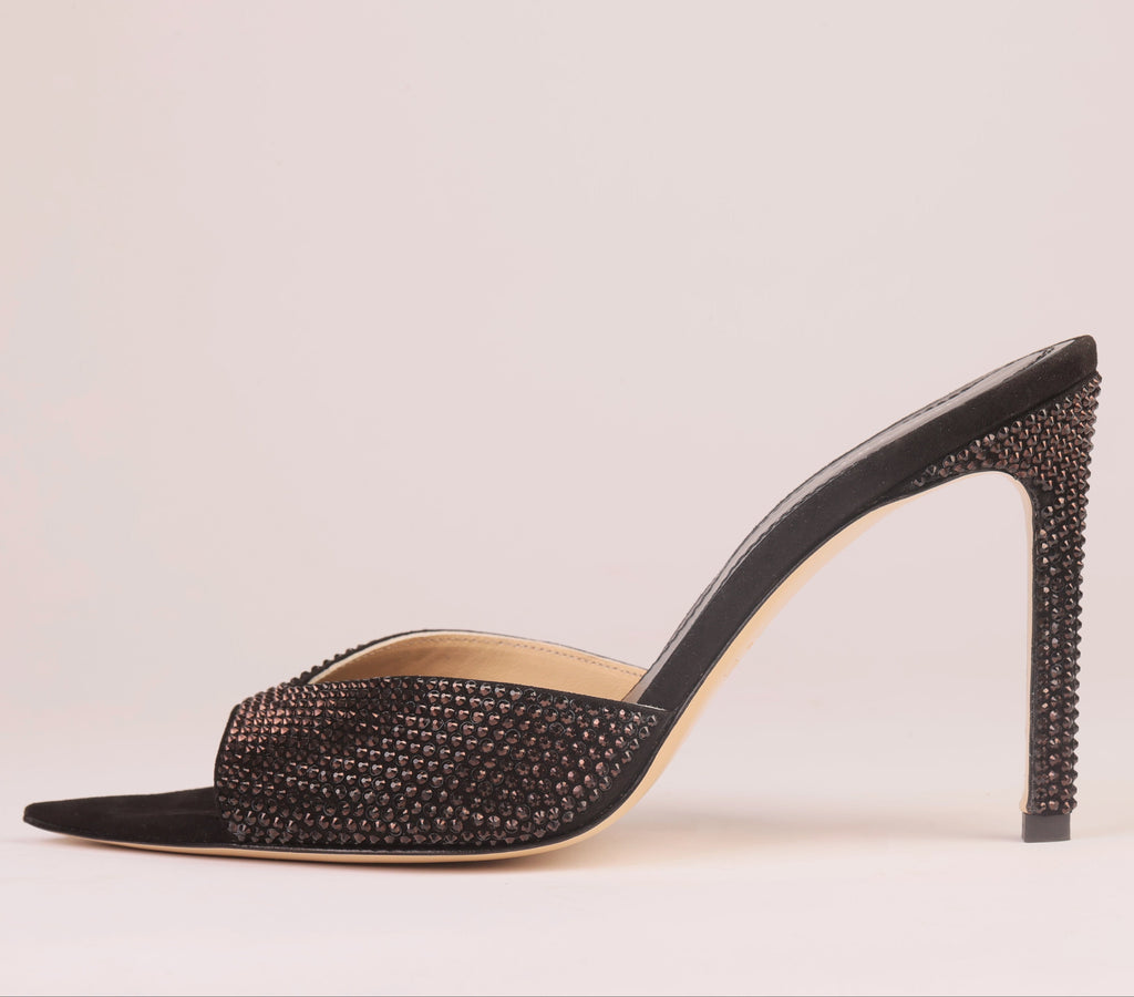 Noir Allure Black Suede Rhinestone Heel Mules