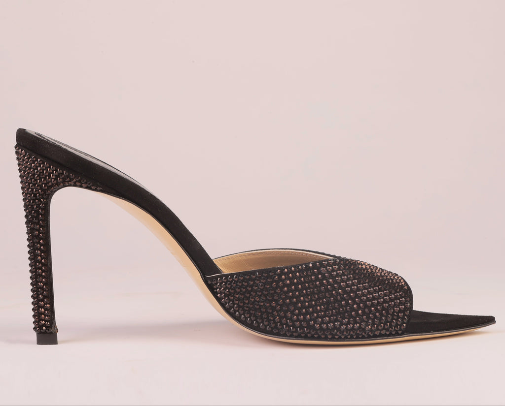 Noir Allure Black Suede Rhinestone Heel Mules