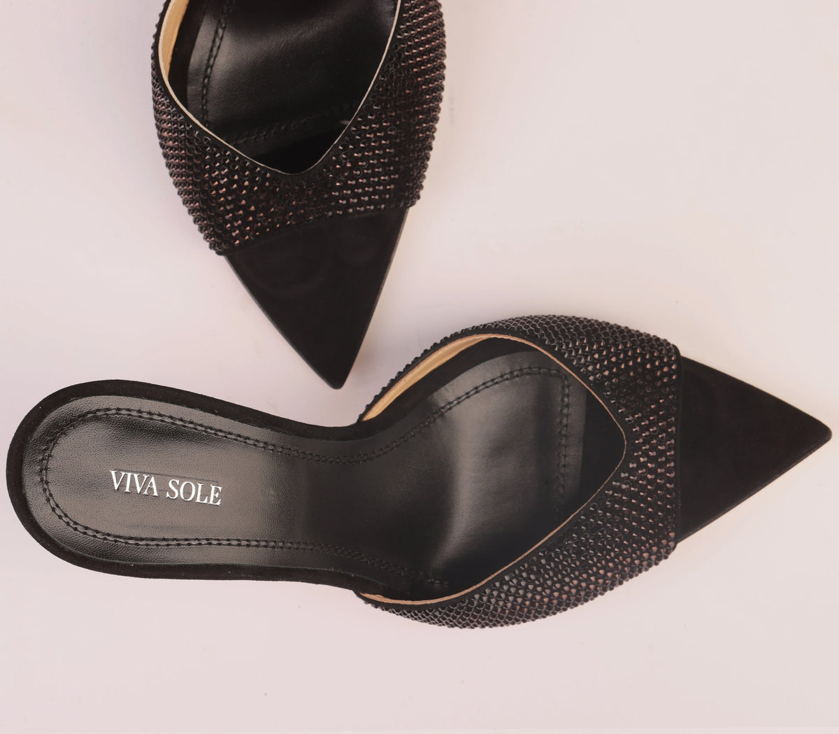 Noir Allure Black Suede Rhinestone Heel Mules