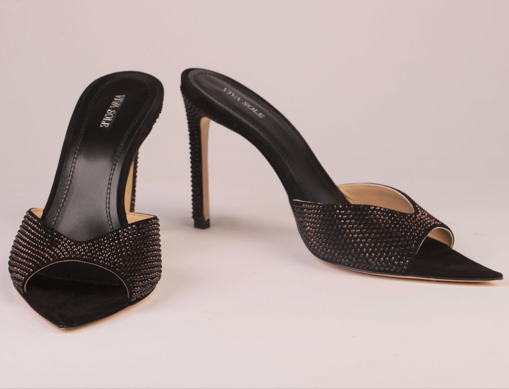 Noir Allure Black Suede Rhinestone Heel Mules