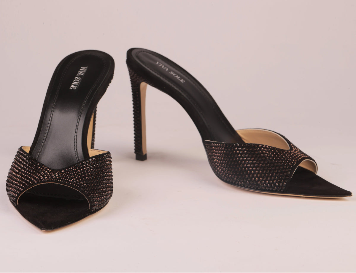 Noir Allure Black Suede Rhinestone Heel Mules