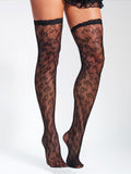 Miss Circle Black Lace Floral Print Thigh High Stockings