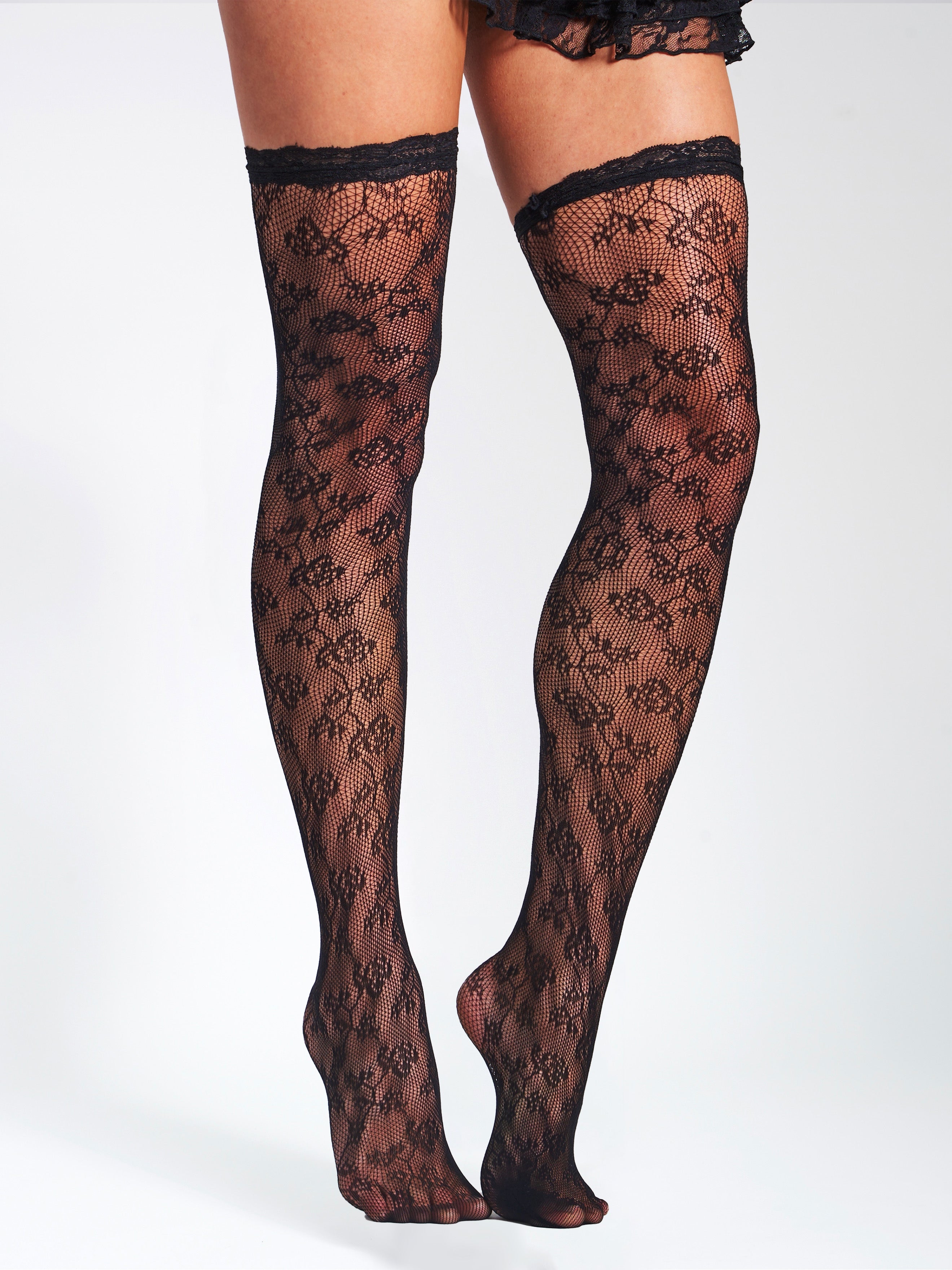Miss Circle Black Lace Floral Print Thigh High Stockings