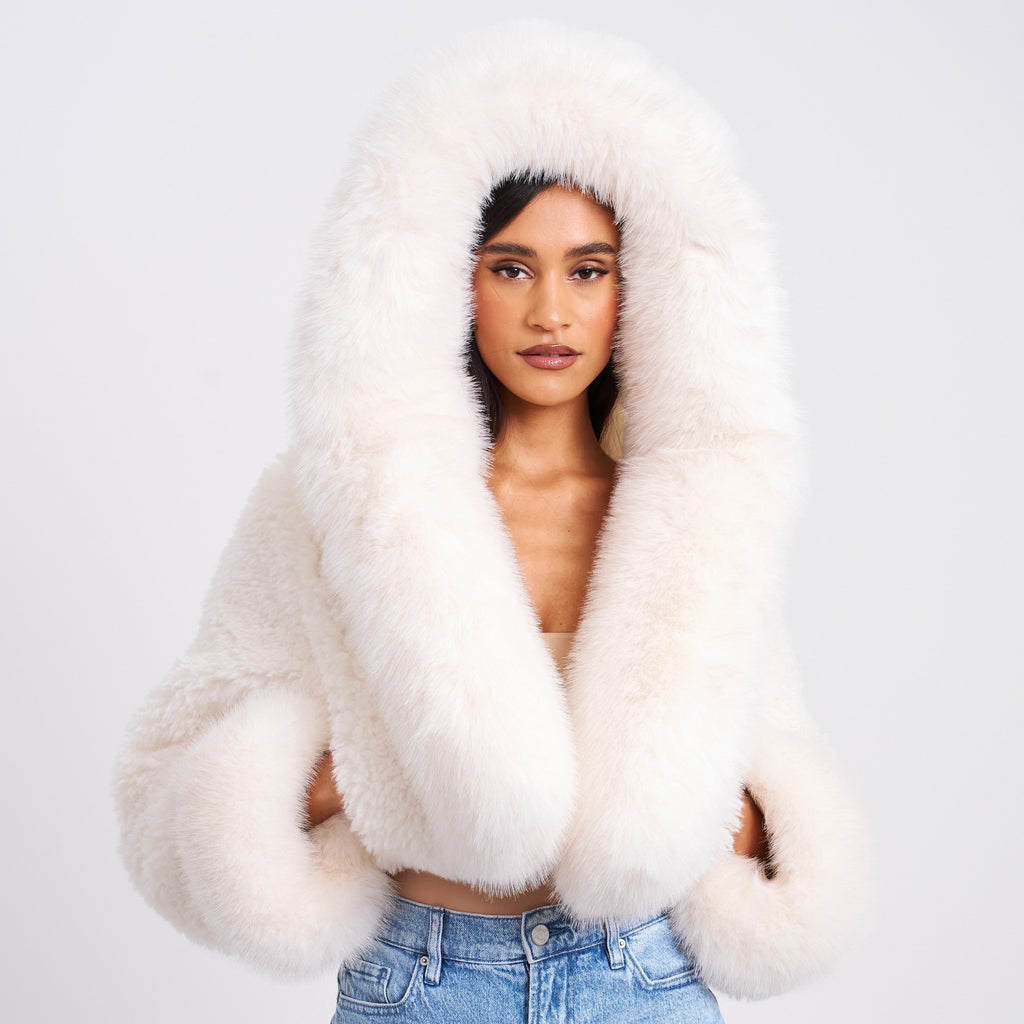 Kali White Cropped Vegan Shearling Fur Jacket