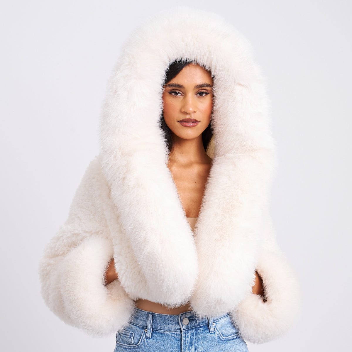 Kali White Cropped Vegan Shearling Fur Jacket