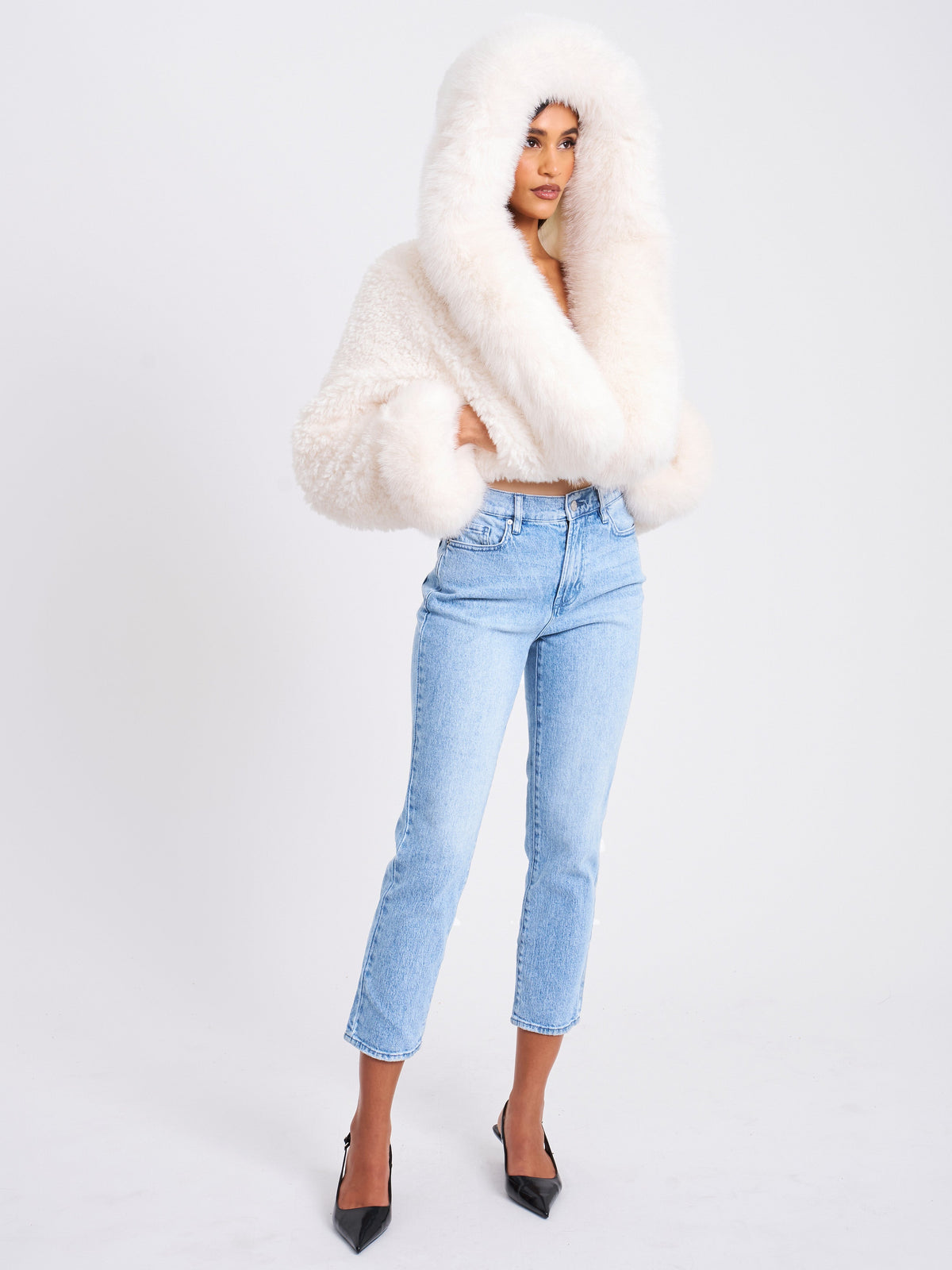 Kali White Cropped Vegan Shearling Fur Jacket