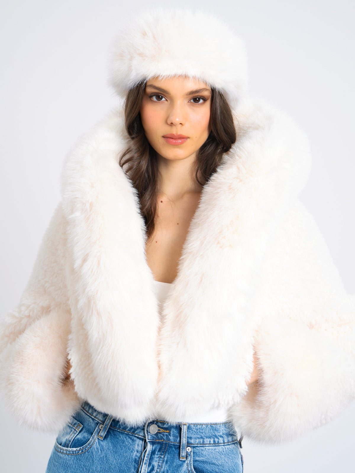 Kali White Cropped Vegan Shearling Fur Jacket