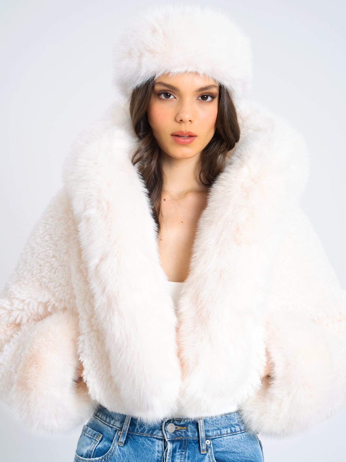Kali White Cropped Vegan Shearling Fur Jacket