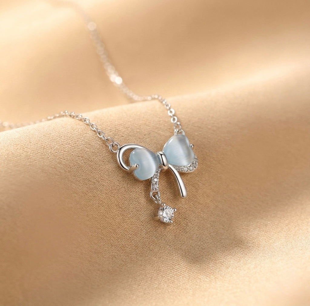 Bow Tie Necklace 925 Sterling Silver with Crystal Drop - Delicate Chain Jewelry for Sensitive Skin | Infant & Child Safe | Amtikiss Casuals