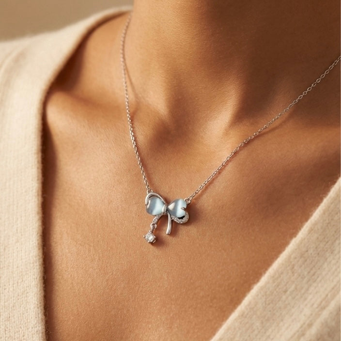 Bow Tie Necklace 925 Sterling Silver with Crystal Drop - Delicate Chain Jewelry for Sensitive Skin | Infant & Child Safe | Amtikiss Casuals
