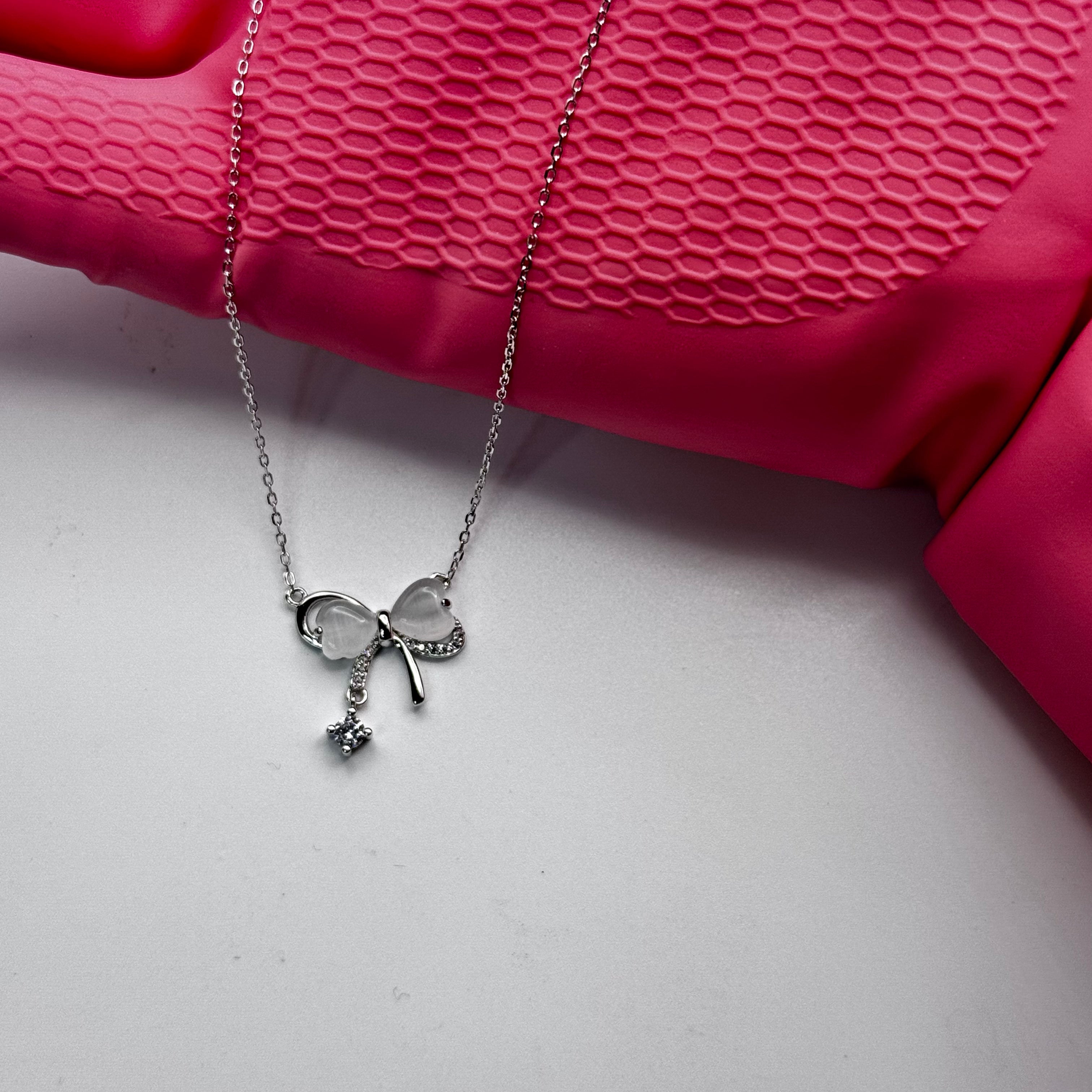 Bow Tie Necklace 925 Sterling Silver with Crystal Drop - Delicate Chain Jewelry for Sensitive Skin | Infant & Child Safe | Amtikiss Casuals