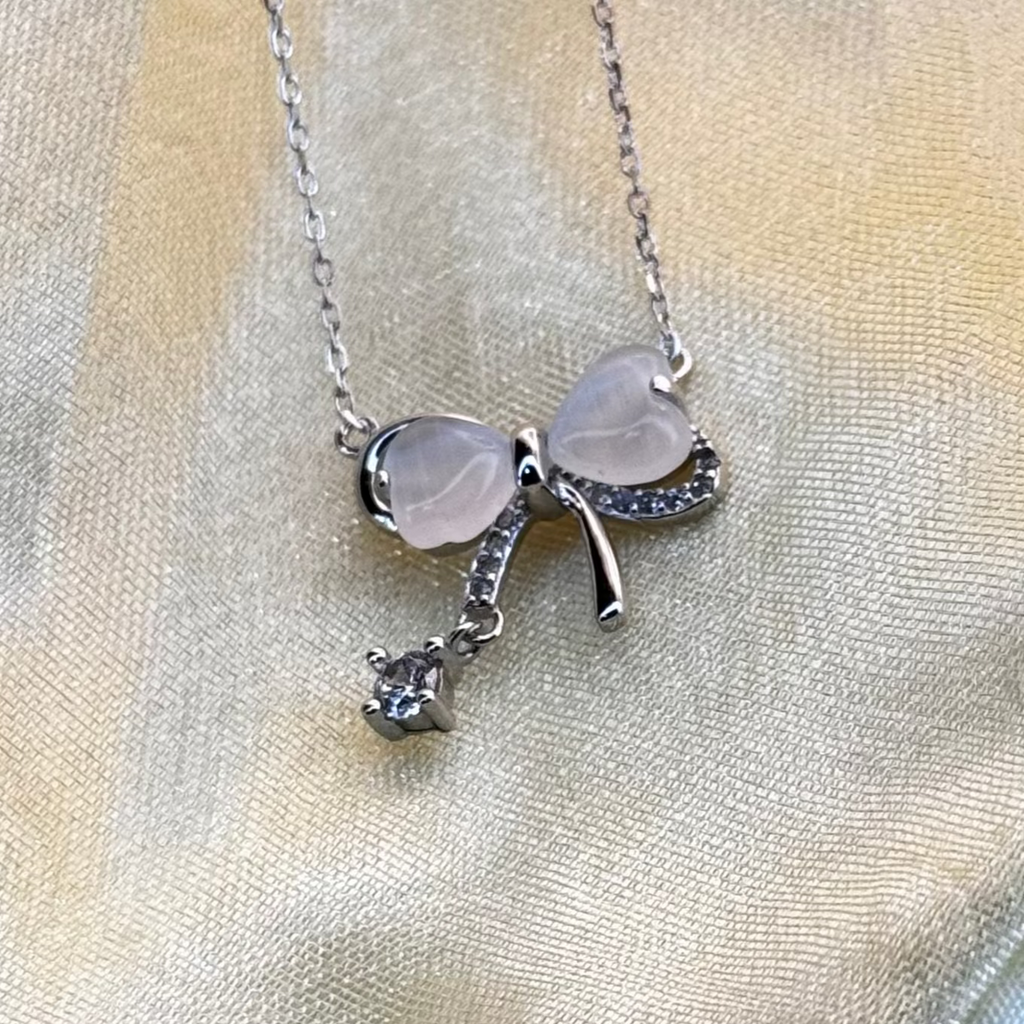 Bow Tie Necklace 925 Sterling Silver with Crystal Drop - Delicate Chain Jewelry for Sensitive Skin | Infant & Child Safe | Amtikiss Casuals