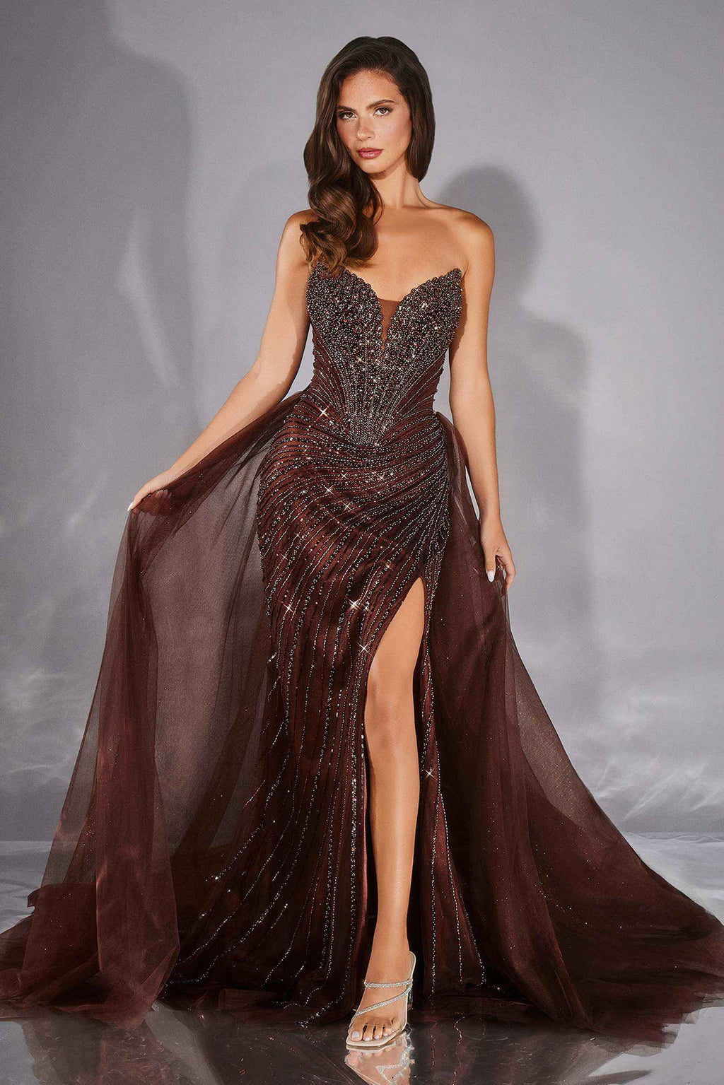 Mocha Gold Beaded Fitted Gown – Tulle Overskirt Structured Bodice