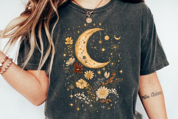 Celestial Moon Boho Flowers Vintage Unisex Bamboo/Cotton T-Shirt