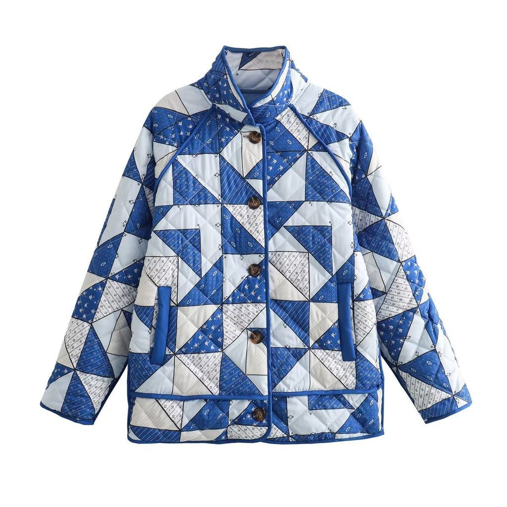 BYMANYC Women's Blue & White Geometric Quilted Jacket