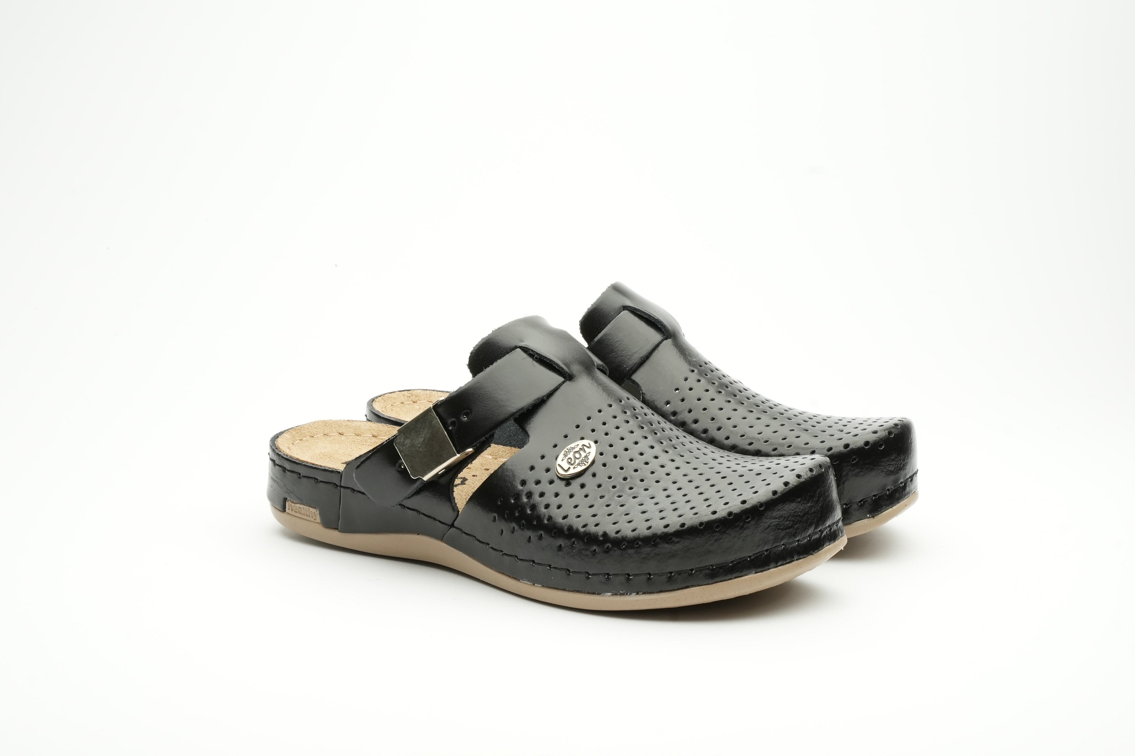 Leona Women's Leather Clog - Orthopedic with Adjustable Buckle and Perforated Leather for Breathability