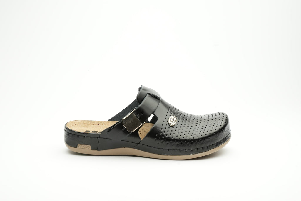 Leona Women's Leather Clog - Orthopedic with Adjustable Buckle and Perforated Leather for Breathability