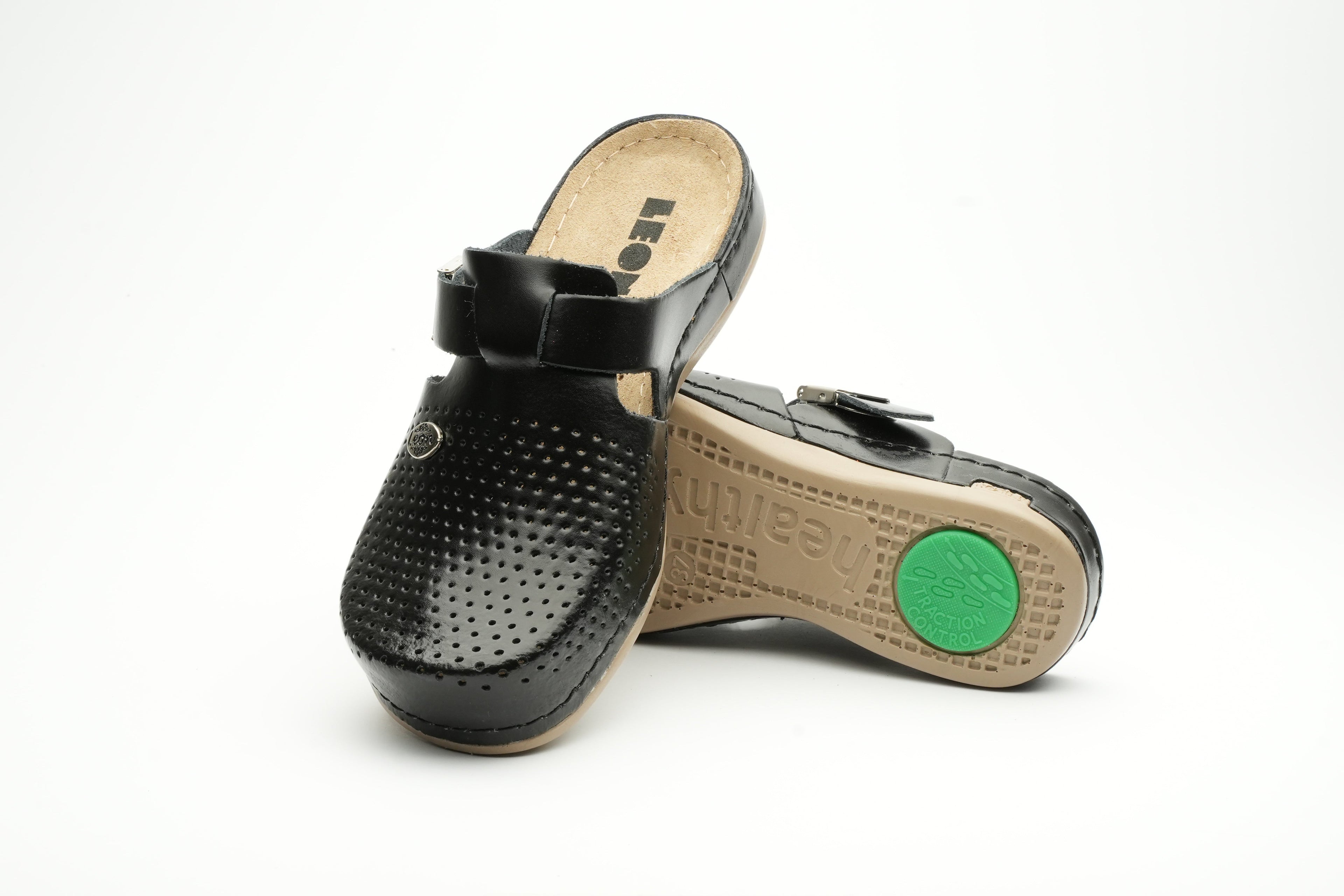 Leona Women's Leather Clog - Orthopedic with Adjustable Buckle and Perforated Leather for Breathability