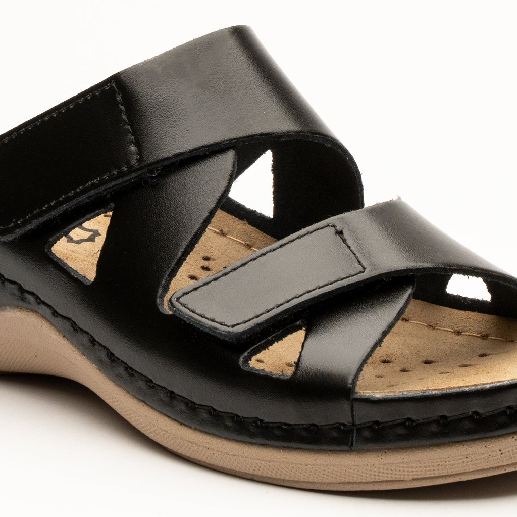 Laura Women's Leather Sandal - Comfort Slide Slip-on with Velcro Straps
