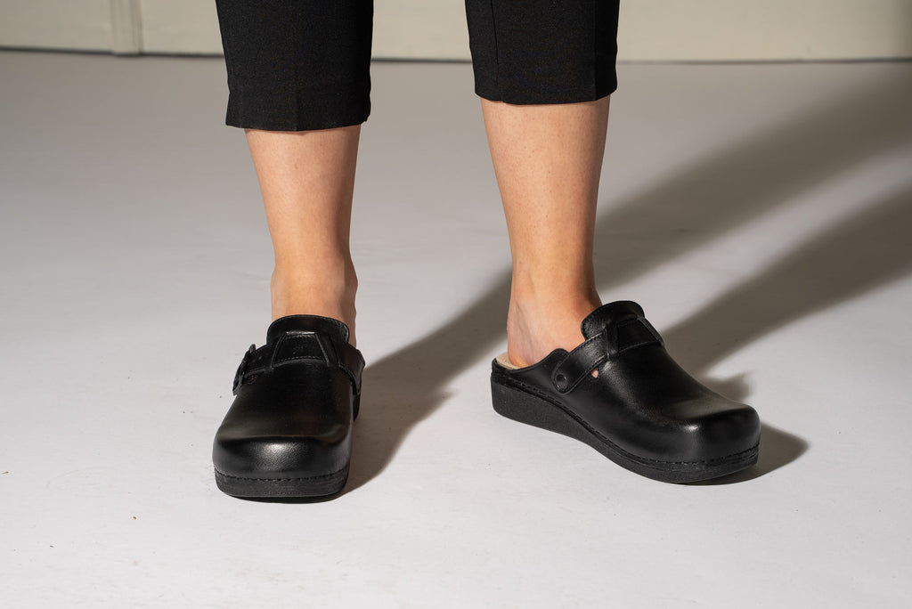 Nora I Women's Leather Clog - Removable Gel Insole & Adjustable Buckle
