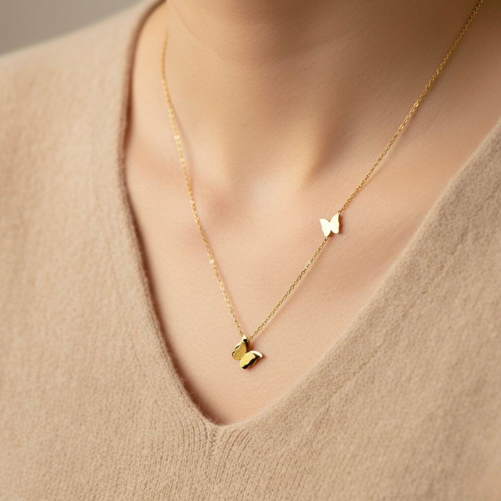 Gold Plated Butterfly Pendant Necklace – Stainless Steel Layered Jewelry | Child & Teen Safe | Amtikiss Casuals